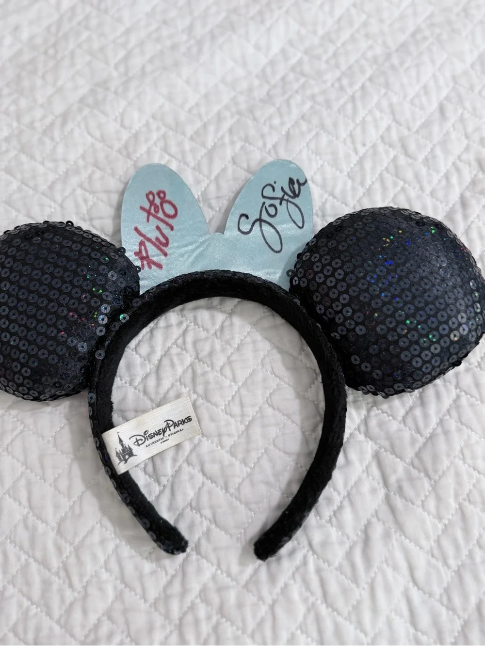 Disney Parks Black Sequin Minnie Ears Blue Jeweled Bow Headband Signed
